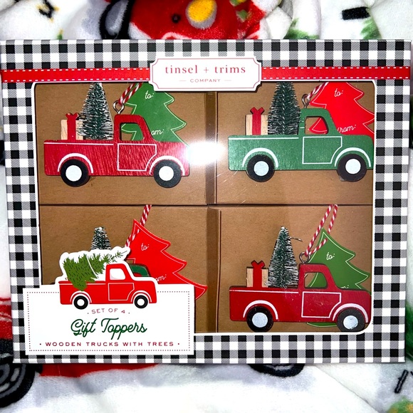 Tinsel Holiday Nib Wood Gift Topper 4 Pc New Tinsel Trims Company